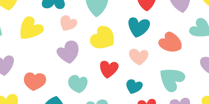 Colorful hearts in various shapes and sizes scattered on a white background in a playful and whimsical pattern