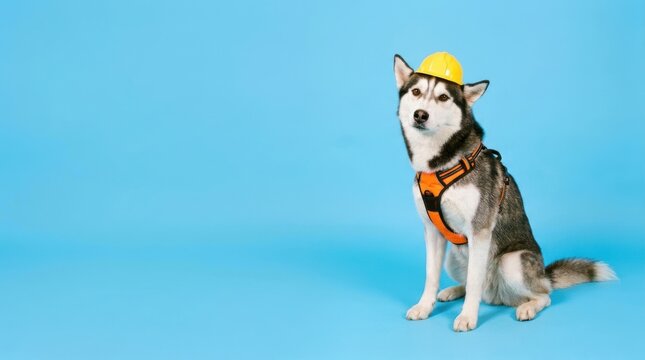 A Siberian husky dog wearing a yellow hard hat and an orange safety harness sits looking forward