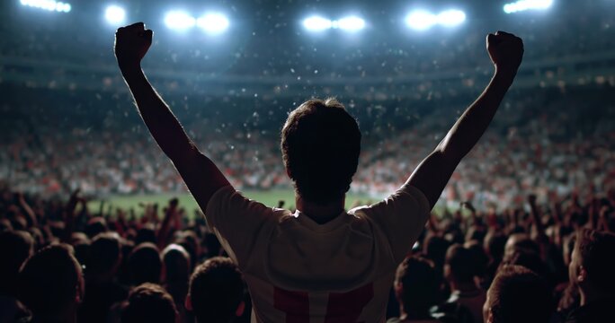 Silhouette of fan with arms raised cheering team after successful game in a large, illuminated stadium with a crowd