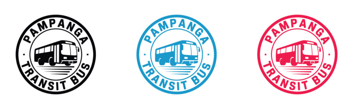 Three circular transit bus logos with train and bus illustrations on white background