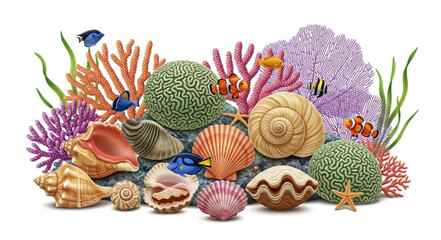 Colorful Assortment of Seashells and Coral Reef Life. © Vrgiel