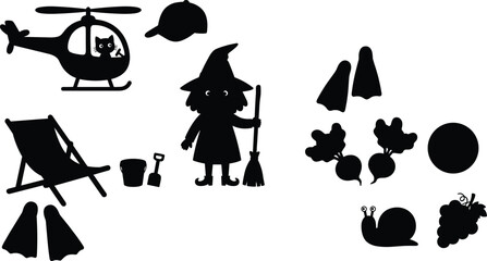 Eclectic silhouette collection, whimsical object vector, witch cat helicopter design, fruit vegetable art, lifestyle illustration - flat vector illustration © TOMSINA