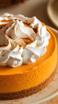 Tarta de queso de calabaza con nata montada y canela en polvo sobre base de galleta