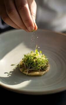 Primer plano de un chef sazonando con hierbas un plato de alta cocina en un restaurante gourmet