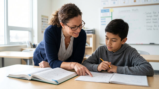 Teacher assisting student with math problem in a bright classroom
