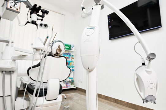 Philips Zoom whitening lamp in modern dental clinic. Concept of professional teeth whitening and advanced cosmetic dentistry: Ivano-Frankivsk, Ukraine - May 16, 2024