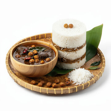 Puttu and Kadala Curry Isolated on White Background Square Composition Studio Shot