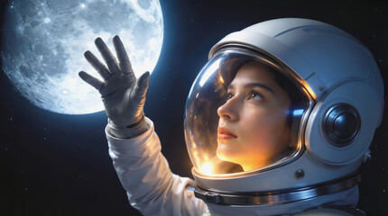 Fototapeta premium Close-up of woman in spacesuit reaching toward moon. Female astronaut looking at lunar surface through helmet visor during space mission.