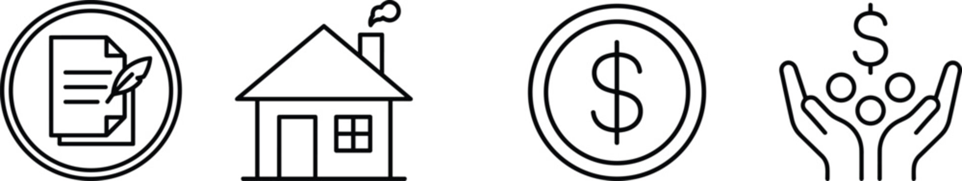 Finance and property icon set with contract, house, dollar coin, and charity support symbols for business and real estate design