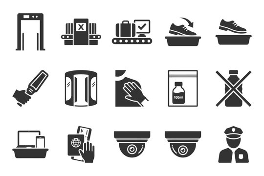 Airport security icons: screening, baggage check, prohibited items, surveillance.