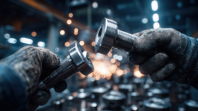 macro perspective of technician tightening bolts on industrial equipment, detailed protective gloves and metal textures in sharp focus, blurred factory background with glowing lights