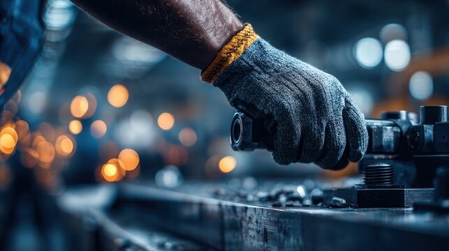 macro perspective of technician tightening bolts on industrial equipment, detailed protective gloves and metal textures in sharp focus, blurred factory background with glowing lights