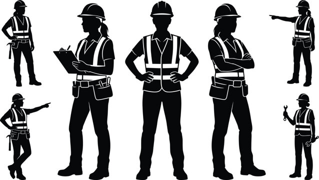 Professional Female Construction Worker Silhouette Collection Featuring Engineers Architects and Site Supervisors in Safety Gear with Tool Belts and Clipboards