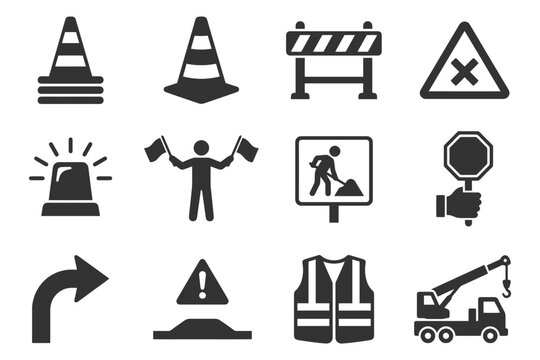 Traffic and construction signs set: cones, barriers, warnings, and symbols.
