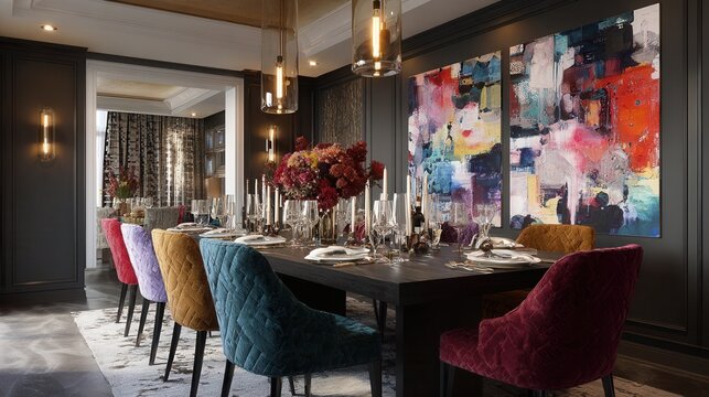 vibrant dining room with colorful velvet chairs, abstract paintings, elegant table setting, and dramatic warm lighting, rich jewel tones and luxurious textures, photorealistic interior photography