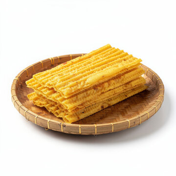 Fafda on Bamboo Plate Isolated on White Background Square Composition Studio Shot