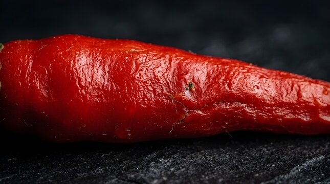 Closeup of a vibrant red chili pepper on a dark textured surface, showcasing its glossy skin and detailed texture