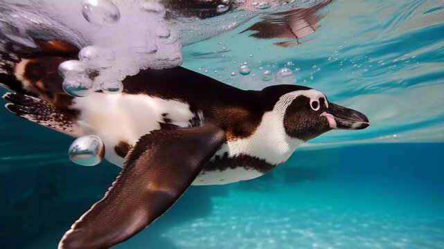 Penguin swims underwater in clear blue water with sunlight shining through the surface, showcasing a natural habitat scene in the ocean
