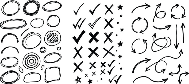 Hand-drawn doodle icon set with circles, check marks, stars, and arrows