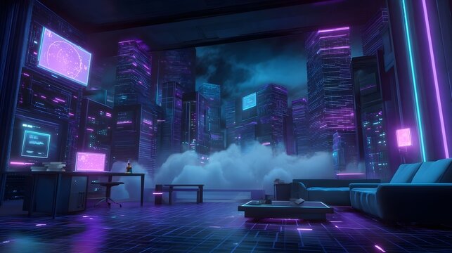 A futuristic lounge interior bathed in neon light overlooking a digital city skyline enveloped in mist