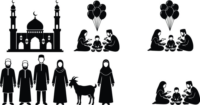 Islamic celebration silhouettes, mosque family Eid vector, Ramadan sacrifice design, cultural tradition art, religious festival illustration - flat vector illustration