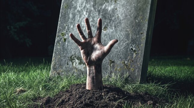 Arm of a corpse emerging from a grave in a cemetery. Spooky scene with a hand reaching out from the soil in front of a headstone at night.