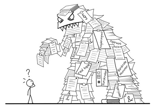 Stick figure facing a giant bureaucracy monster made of paperwork. Conceptual illustration of red tape, business stress, and administrative burden. Features German text.