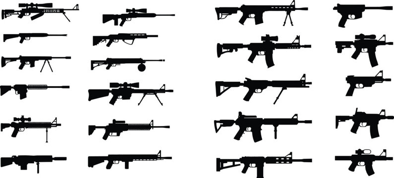 Black firearm silhouettes collection showing rifles, sniper rifles, assault rifles, submachine guns, weapon comparison, isolated vector illustration design