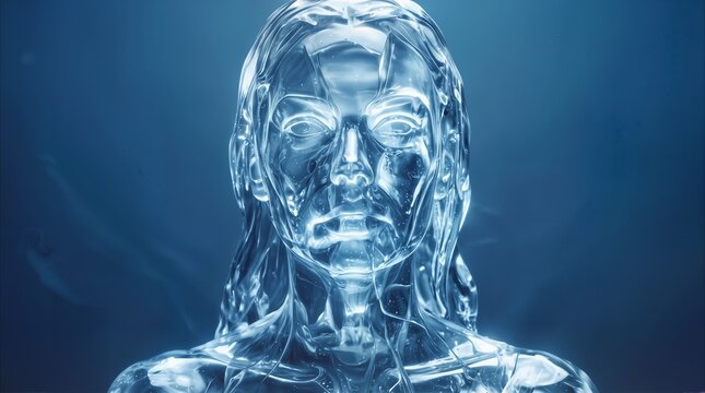 Transparent female entity composed of clear flowing water. Ethereal water-based figure with visible internal fluid structures in a dark blue misty setting.