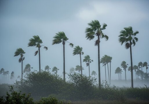 Palm trees swaying in a stormy weather