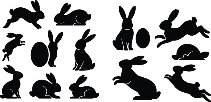 Black rabbit silhouettes collection with sitting, crouching, leaping, running poses, Easter eggs, spring design elements isolated vector illustration