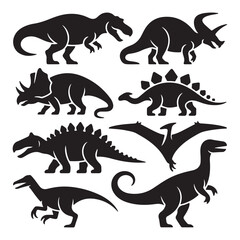 Black and White Dinosaur Silhouettes Set with Transparent Background for Creative Use © md