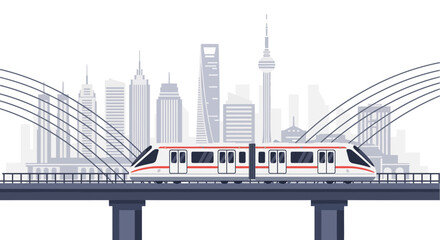 Fototapeta premium Modern elevated train on a bridge with a city skyline in the background, representing urban transportation and infrastructure