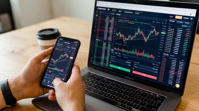 Trader analyzing cryptocurrency market charts on smartphone and laptop screen displaying financial data and trading platforms.