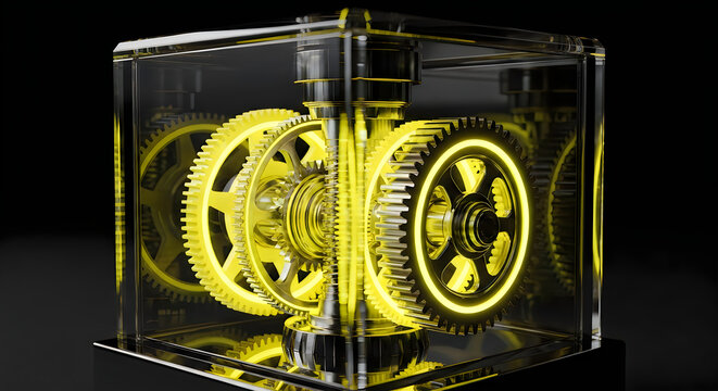 Gears inside a transparent cube illuminated by yellow light mechanical mechanism industry technology rotation transparent illumination