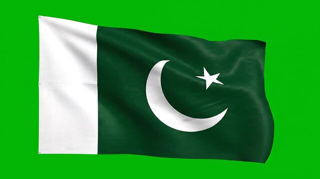 Pakistani flag with crescent and star waving on bright green background