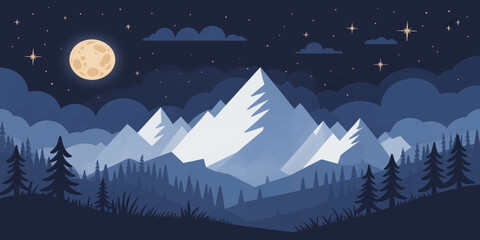 Moonlit Snowy Mountain Landscape With Pine Forest, Starry Night Sky, and Majestic Alpine Peaks © mahabubmorshed