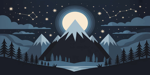 Mystical Moonlit Mountain Landscape With Snowy Peaks, Pine Forest Silhouettes, Starry Sky, and Celestial Constellations © mahabubmorshed