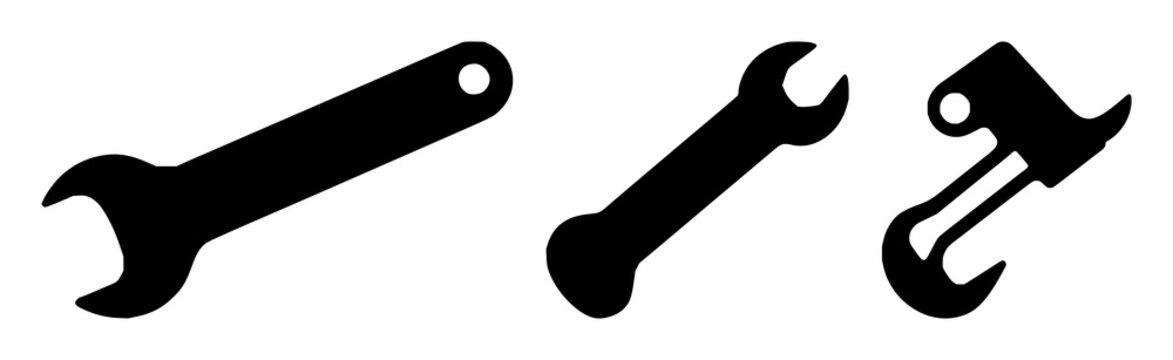Server maintenance wrench icon set with solid black icon on white background featuring wrench, server, maintenance with black and white