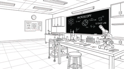 Fototapeta premium Detailed illustration of a science lab with microscope blackboard and various scientific equipment on a table