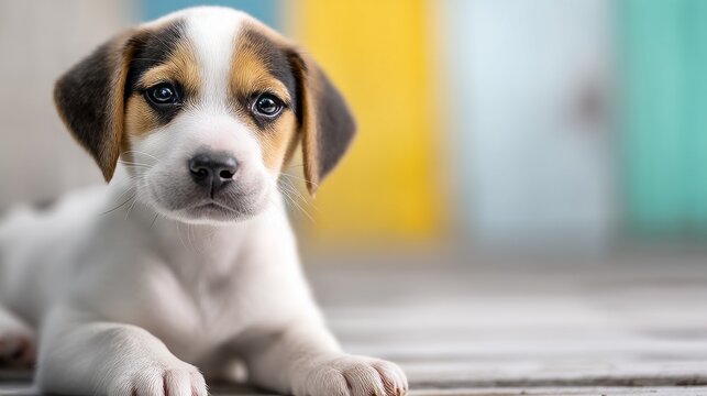 Cute Puppy Relaxing in a Studio Scene with Colorful Background