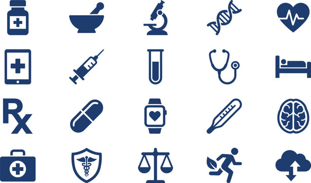 Medical icon set presents various healthcare symbols including a microscope, test tube, and heart rate monitor.