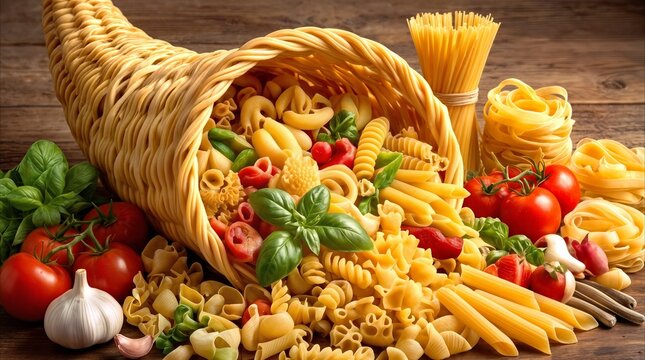 Pasta cornucopia overflowing with various dry noodles, fresh tomatoes, garlic, and basil leaves on a rustic wooden surface. Italian cuisine ingredients arrangement for culinary business.