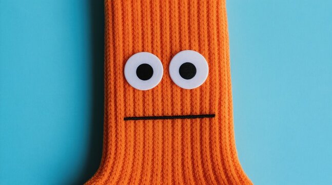 Orange sock puppet with googly eyes and stitched mouth on bright blue background. Simple DIY toy creation for kids play and storytelling fun.