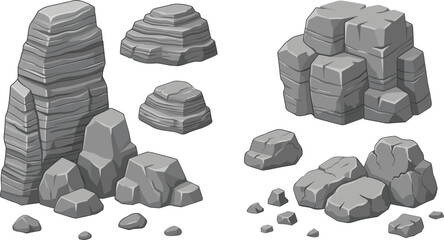 Cartoon Rock Formation Illustration Set with Stone Cliffs, Boulders, and Mountain Terrain Elements for Nature, Game, and Landscape Designs © Minara