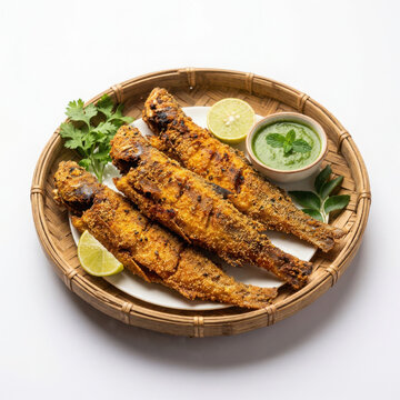 Bombil Fry on Bamboo Plate Isolated on White Background Square Composition Studio Shot