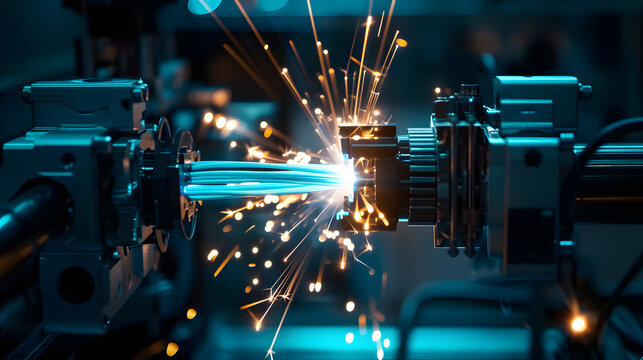 Automated fiber optic fusion splicer glowing cyan with copy space