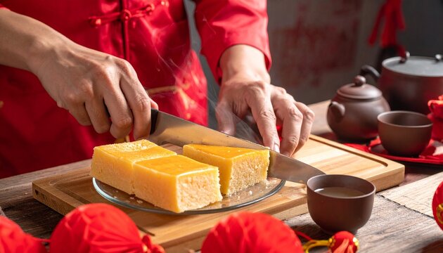 Cutting Nian Gao - A Traditional Chinese New Year Treat.
