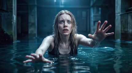 Fototapeta premium Frightened woman reaching out for help while trapped in a flooded basement. Survival concept in dark underground environment.