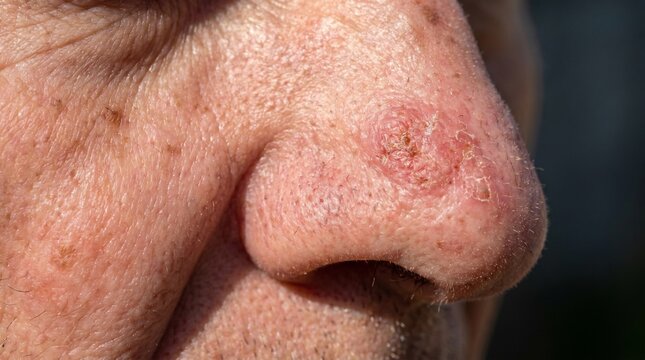 Close-up macro of an elderly man's nose with a scaly reddish lesion indicating early stage squamous cell carcinoma.